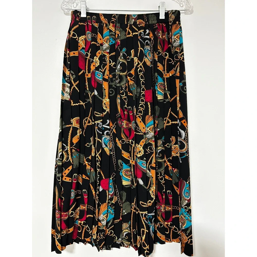 Alfred Dunner Vintage 2 Piece Set LARGE Black Equestrian Chain Print Skirt